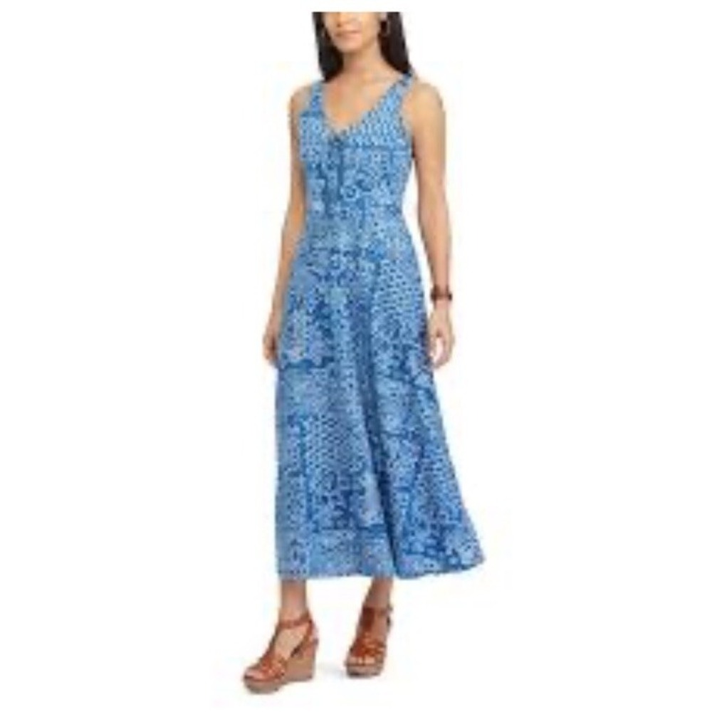 Ralph Lauren Chaps Women 1x Maxi Dress Cotton  Blue White Knit Sleeveless Batik